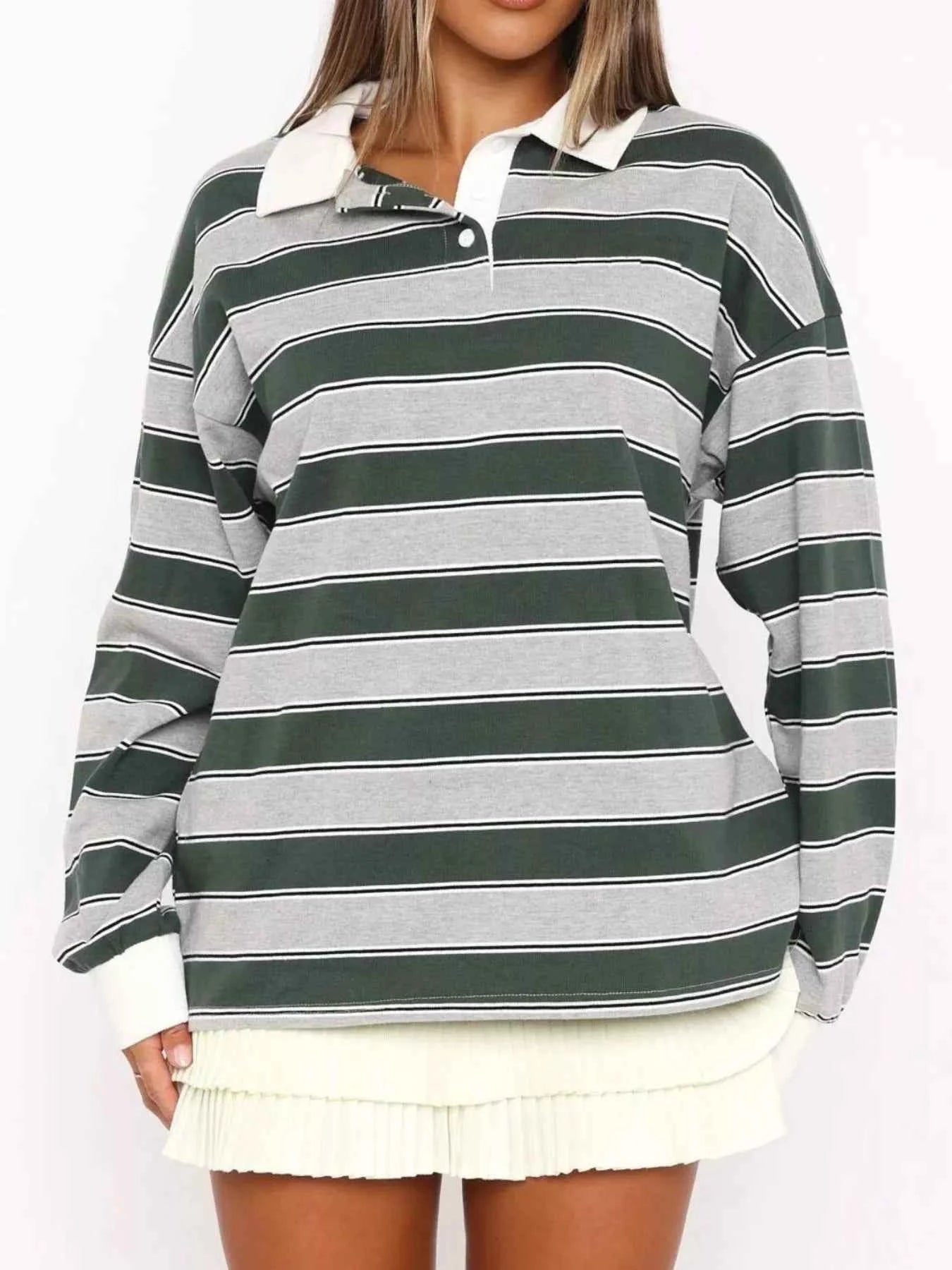 Striped Button Detail Long Sleeve Polo Dark Green fb2544e0-abc4-4b64-bc34-826bb9596df4-Max-Origin
