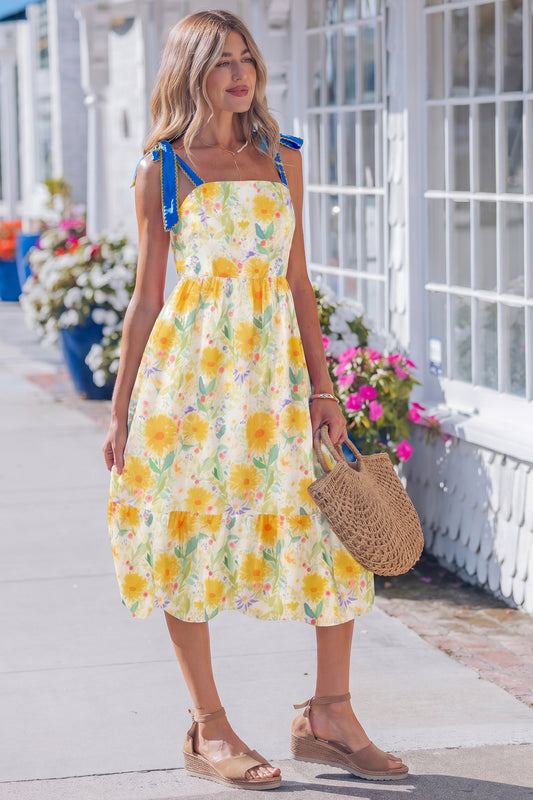 Yellow Floral Print Contrast Stitched Knot Denim Straps High Waist Dress fb27b274989fa8cc