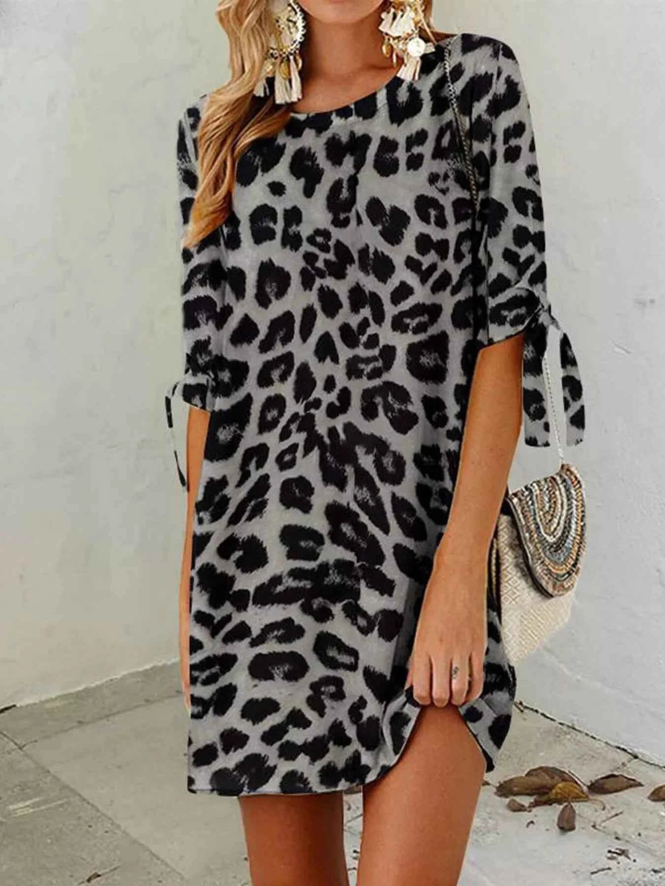 Leopard Round Neck Half Sleeve Dress Gray fb2adc2ecb09428eb108b711441462cd-Max-Origin