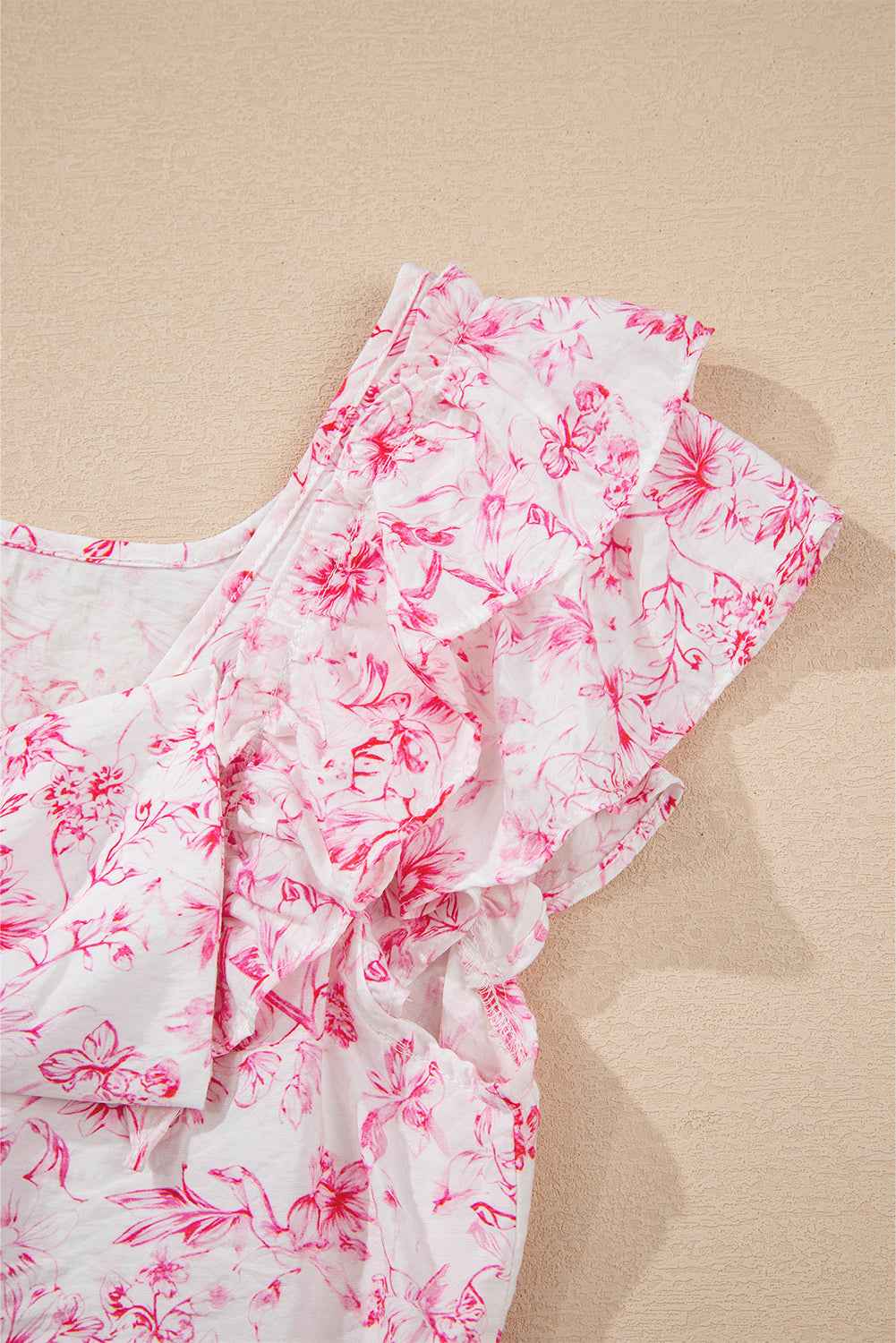 Sky Blue Floral Ruffle Short Sleeve Bow Back Blouse fb2eb283764d9424