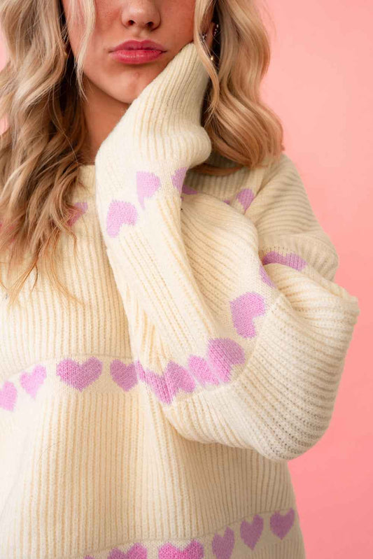 Pink Heart Pattern Ribbed Round Neck Knit Sweater fb2f4ff7cba444b4