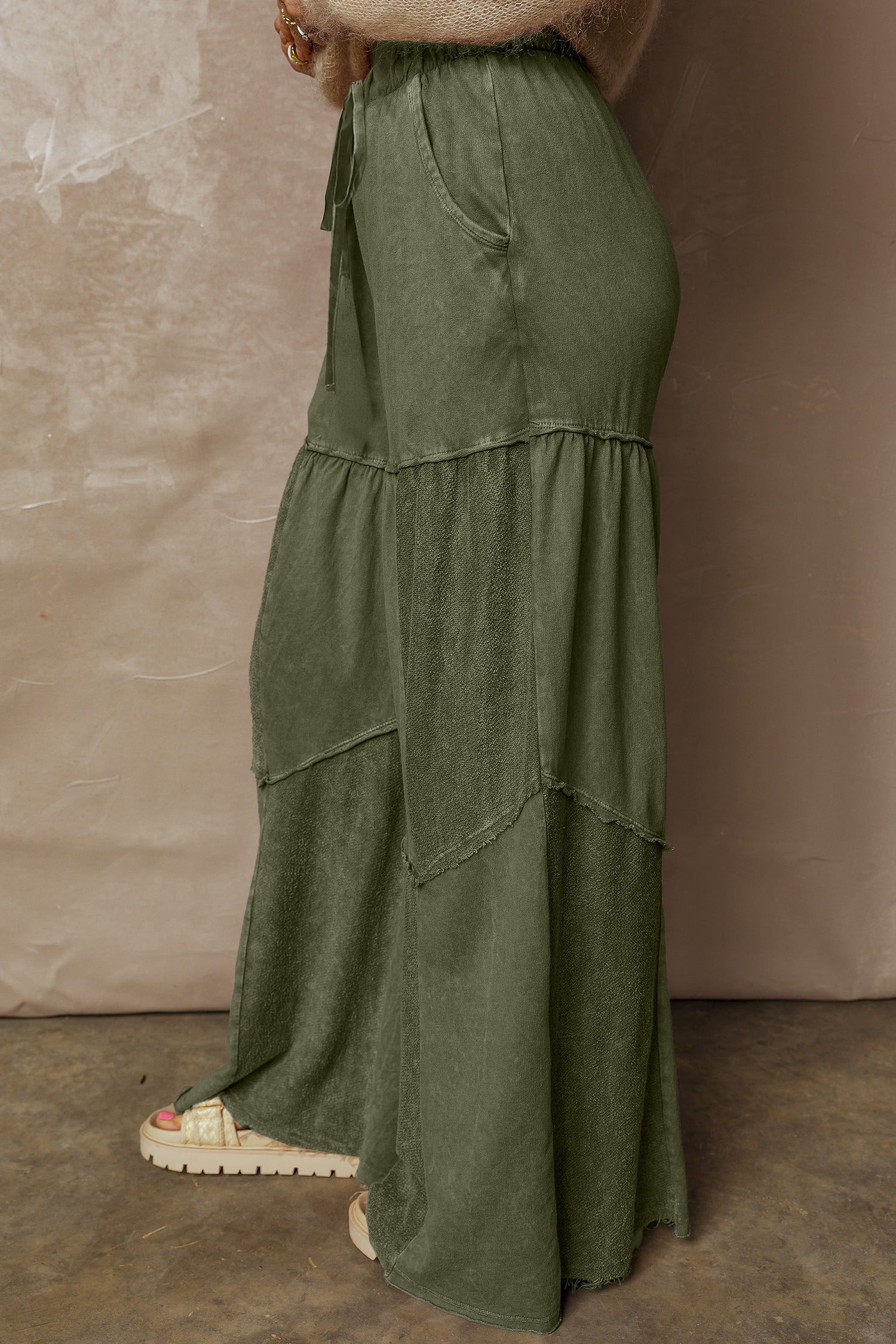 Vineyard Green Mineral Wash Tiered Wide Leg Patchwork Drawstring Pants fb363c3fb3404beb