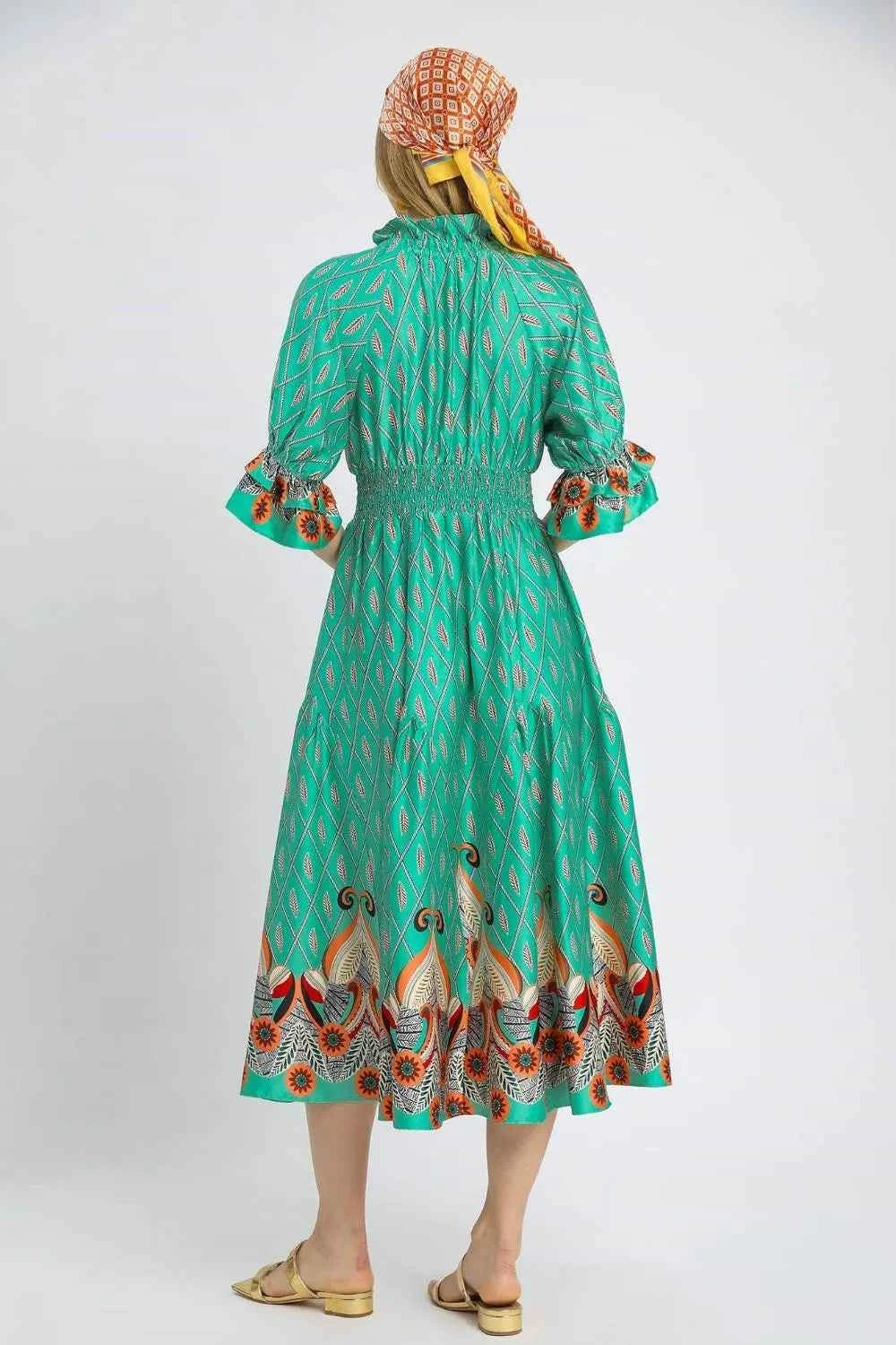 Umgee Printed Smocked Waist Flounce Sleeve Midi Dress fb39b1fd-e801-46de-b433-d90b72261e23-Max-Origin