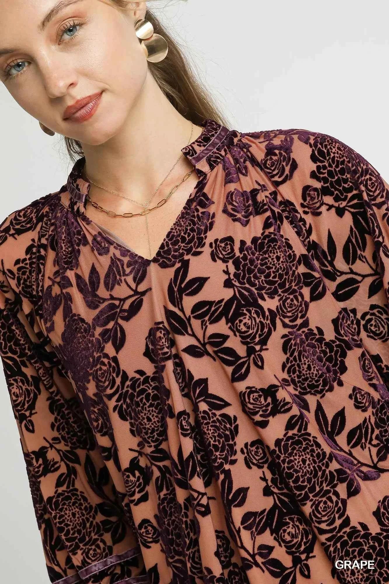 Umgee Floral Velvet Blouse with Balloon Sleeves fb3fbc9e-3a0e-4f81-b9d3-43fc2579dd61-Max-Origin