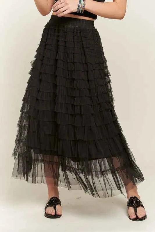 ADORA Elastic Waist Layered Mesh Midi Skirt Black fb3fbe52-18ea-4b87-9e23-eb178cfd3a8f-Max
