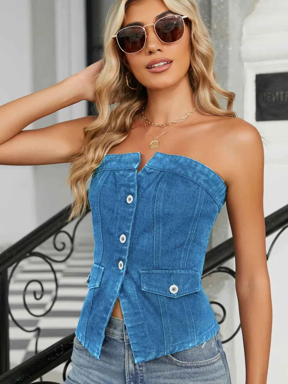 Smocked Tube Denim Top fb44a62d-3b8b-4fde-85de-ca5d80477002-Max