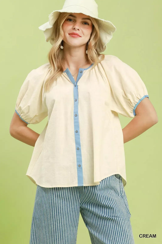 Contrast Trim Button Front Puff Sleeve Blouse CREAM fb44ea7e-b65a-4677-a1c9-0c15f9209f62-Max-Origin