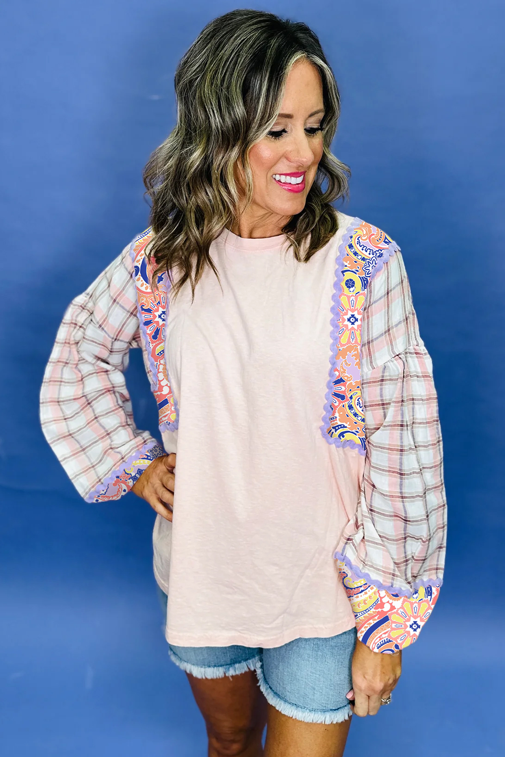 Delicacy Ricrac Trim Floral Plaid Patchwork Puff Sleeve Top fb458b5bf05305b8