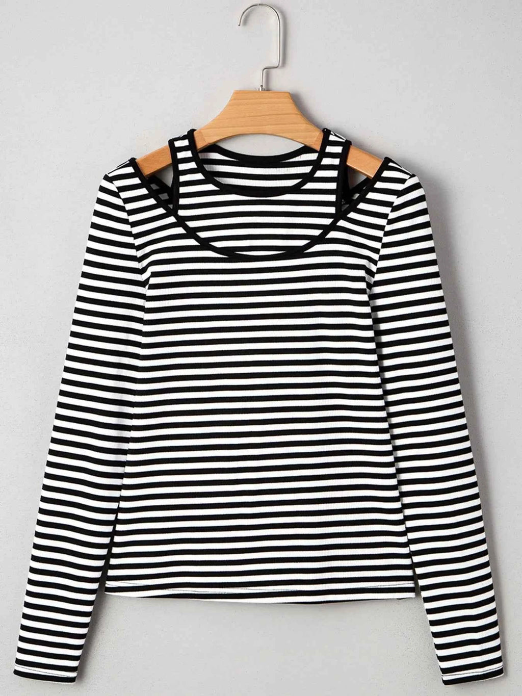 Stripe Double-layer Cold Shoulder Long Sleeve Top fb45c7768c4e4608b464e502d1f0a3d2-Max-Origin