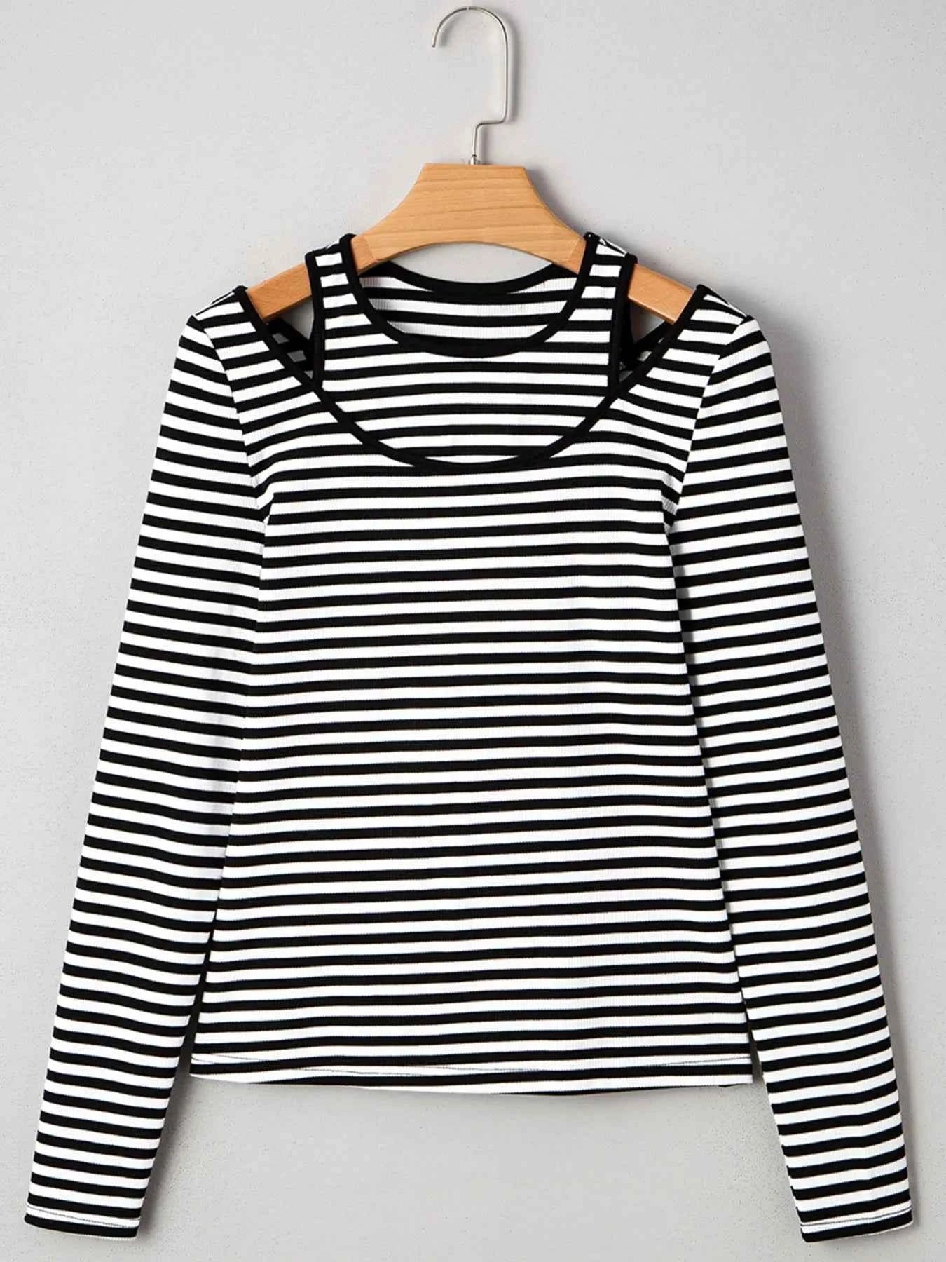 Stripe Double-layer Cold Shoulder Long Sleeve Top fb45c7768c4e4608b464e502d1f0a3d2-Max-Origin