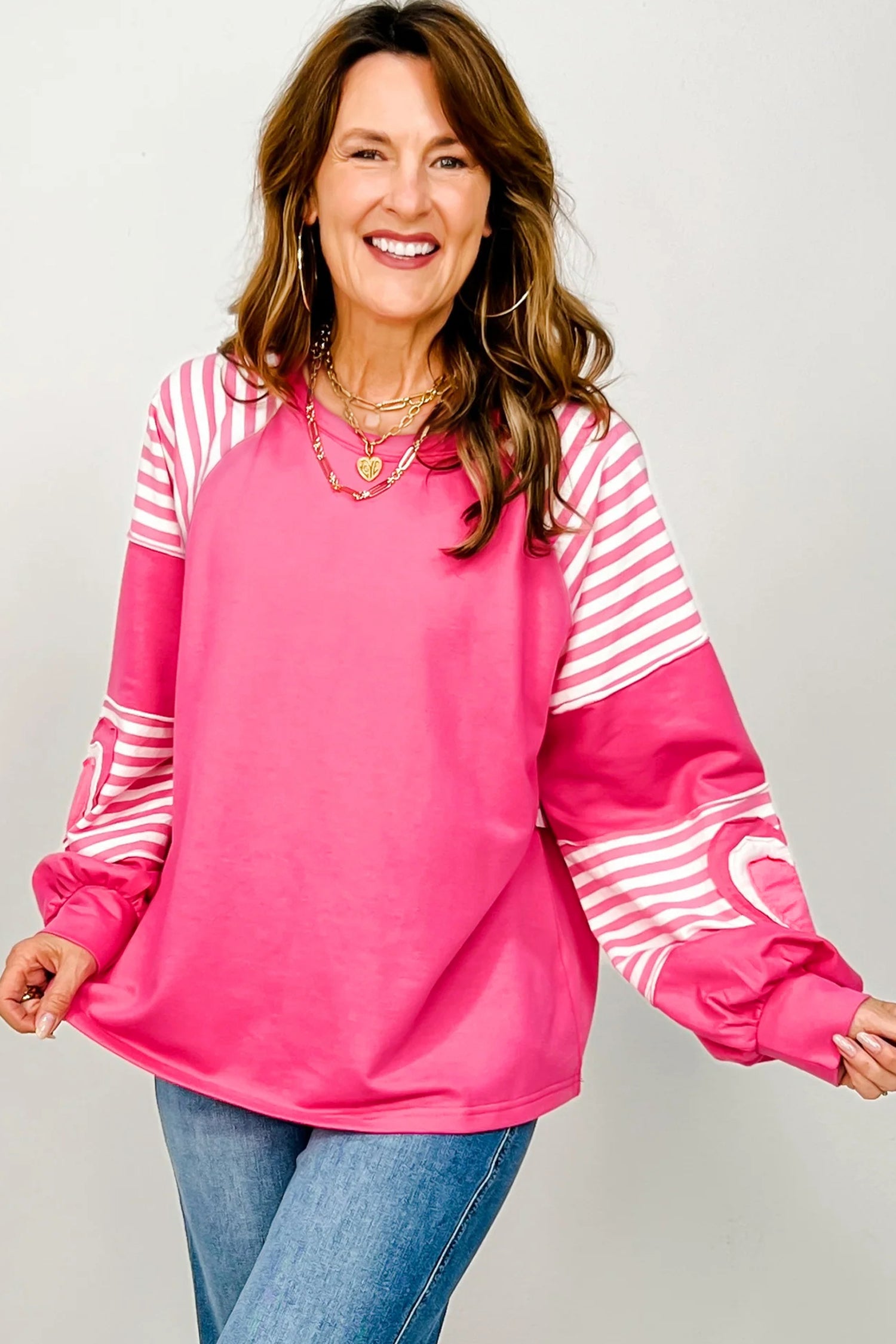 Strawberry Pink Heart Shape Striped Patchwork Long Sleeve Loose Top fb4762f487d89a44