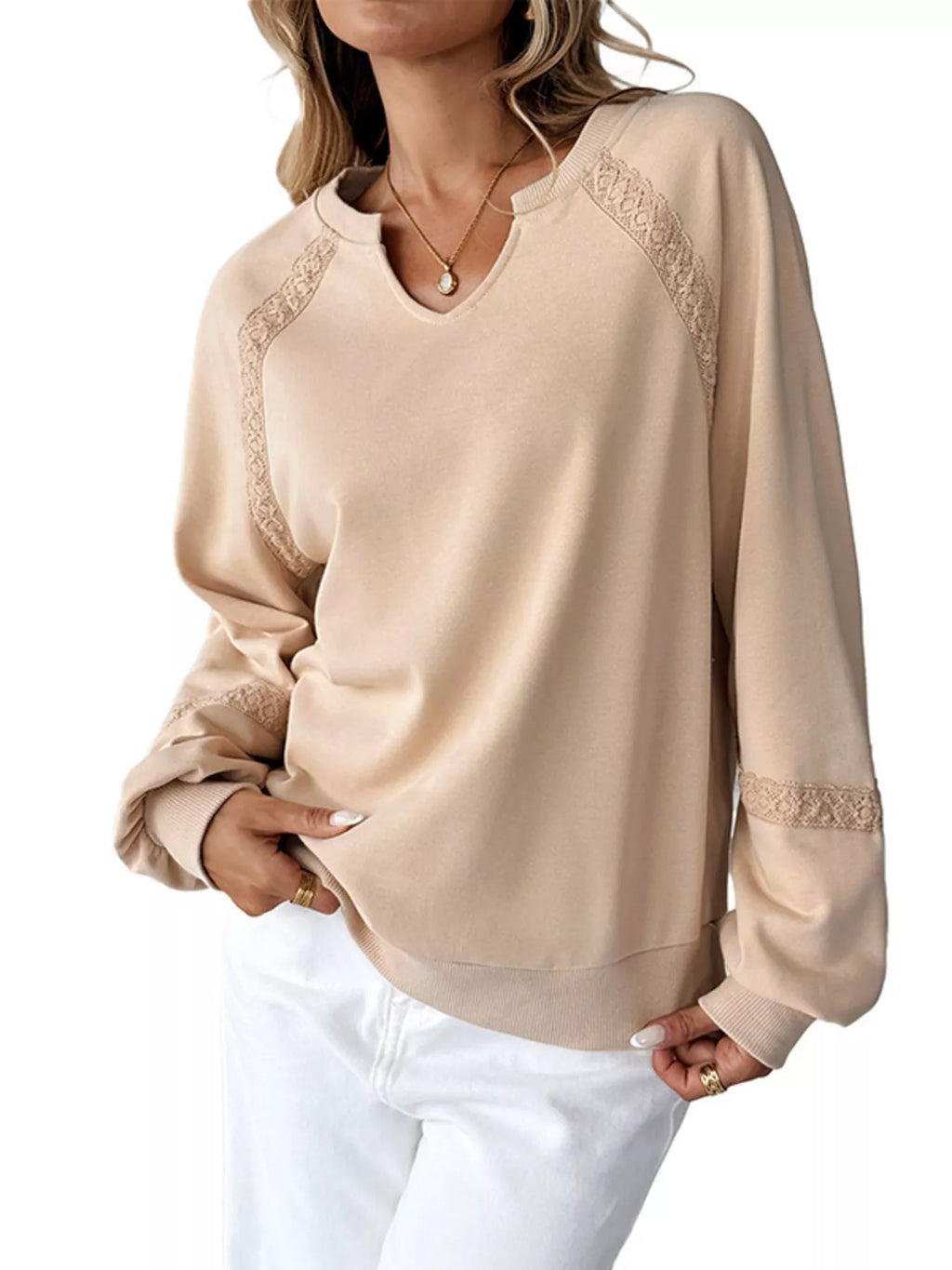 Lace Detail Notched Long Sleeve Sweatshirt fb498c9d9f6d424a9927725e473161ba-Max-Origin