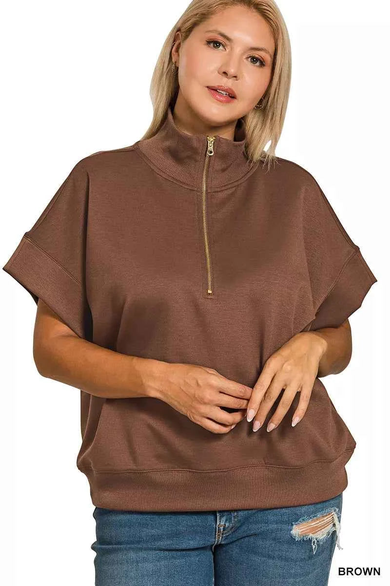 Zenana Full Size Scuba High Neck Half Zip Short Sleeve Top Plus Size fb4dbab7-62bb-47de-a391-dc12e4b171e3-Max-Origin