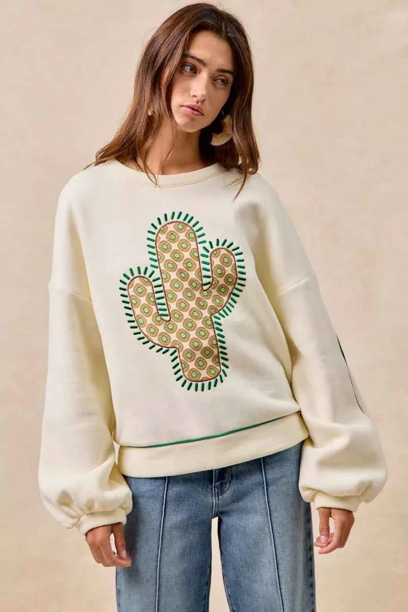BiBi Cactus Embroidered Fleece Sweatshirt CREAM fb4f47b23d94490ca58631a773f7ff03-Max-Origin