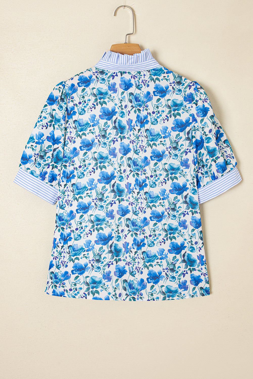 Sky Blue Floral Print Striped Patchwork Collared Blouse fb51c4c44cf1b2da