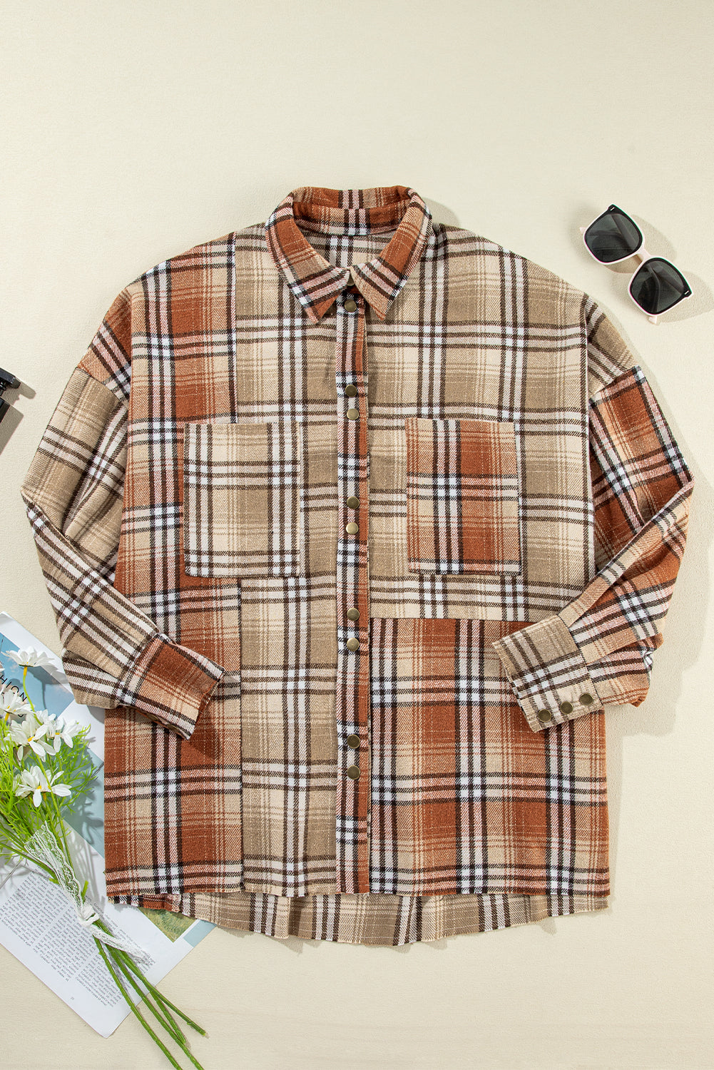 Khaki Plaid Pocket Colorblock High Low Shacket fb526cdb3c95d4c9