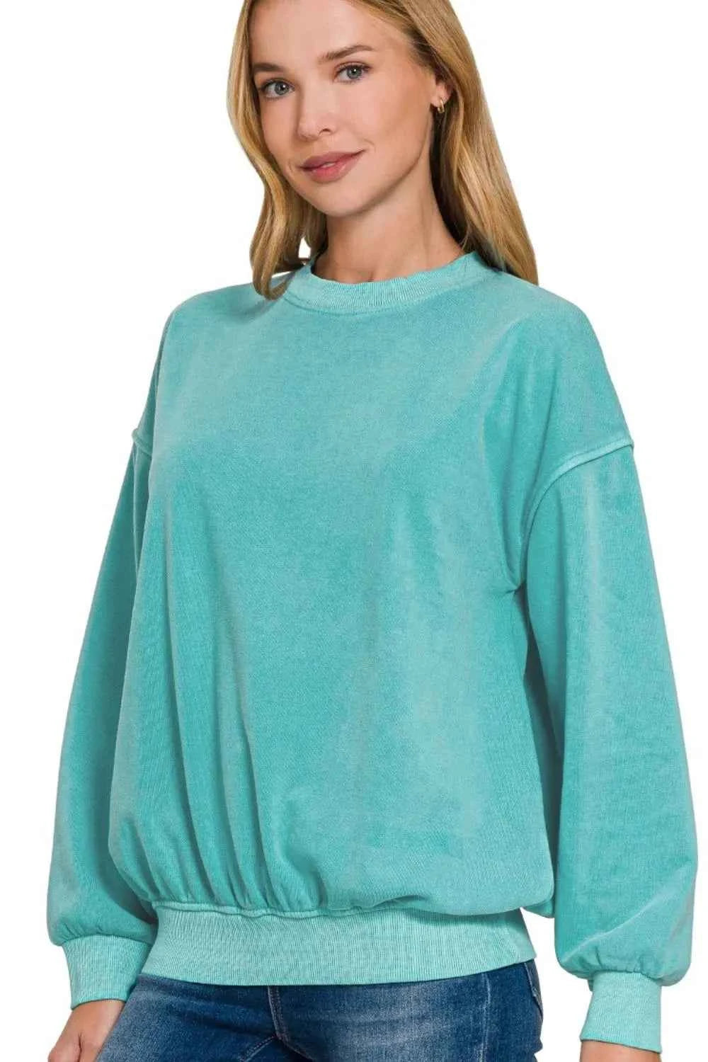 Zenana Soft Fleece Pigment Dye Round-neck Sweatshirts LT TEAL fb5abcbf-9074-44c3-a8e6-6288dd38d1df-Max-Origin
