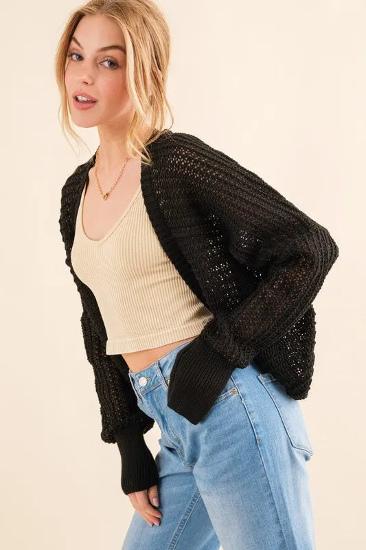 And The Why Fishnet Knitting Bolero Cardigan BLACK