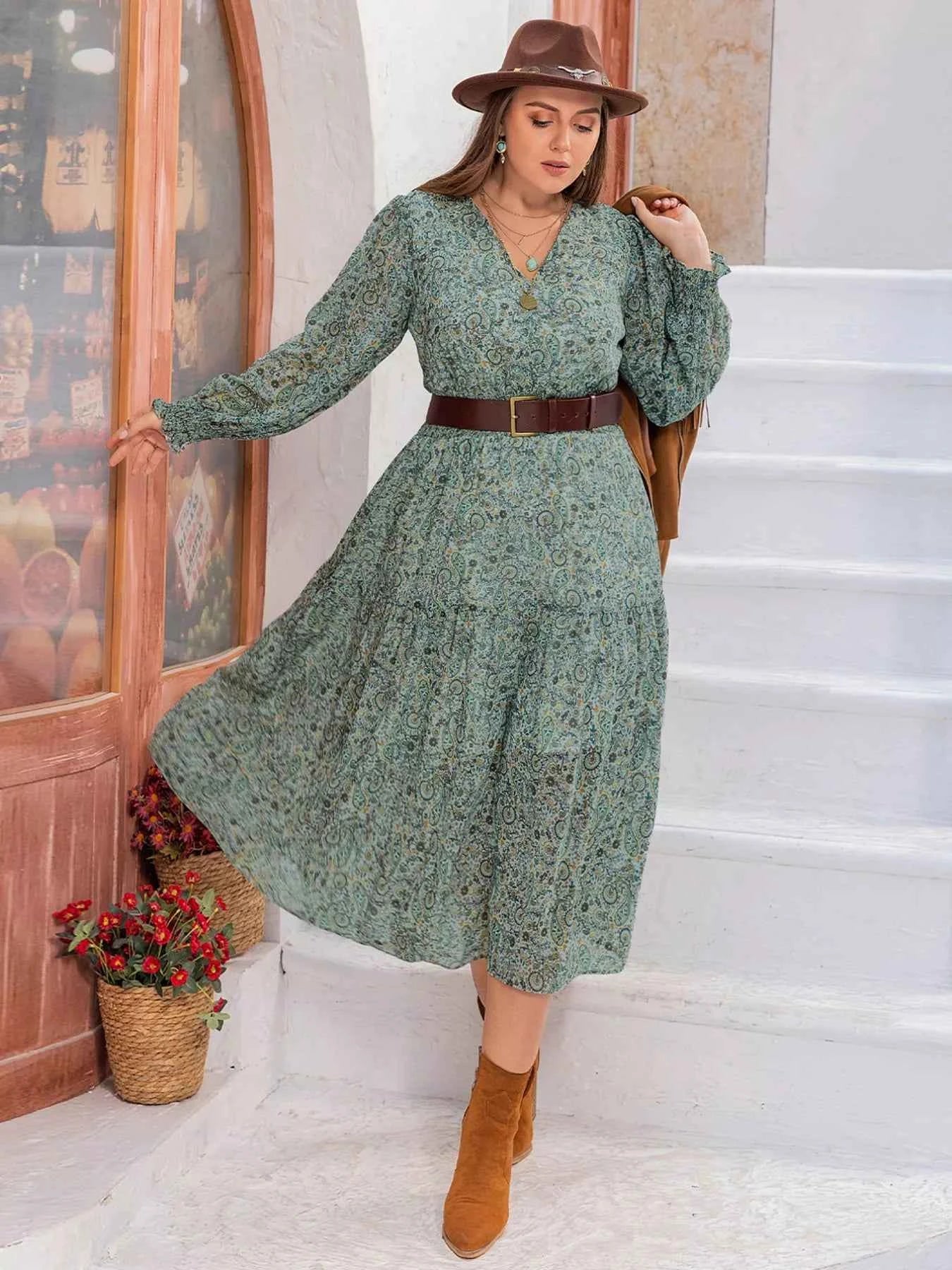 Plus Size Printed V-Neck Long Sleeve Midi Dress fb64f514-afd0-41f2-8d32-8b2950d52986-Max-Origin