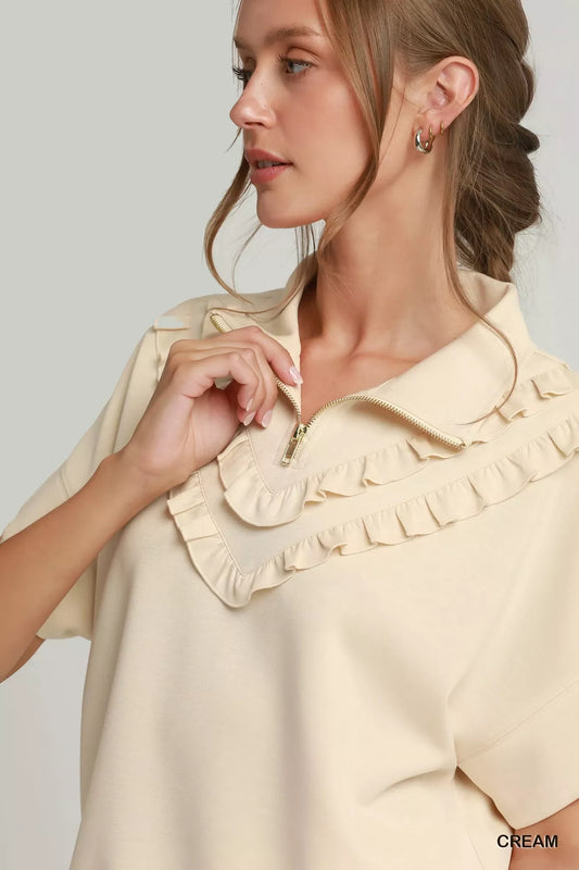 Ruffle Quarter Zip Short Sleeve Top fb657e95-294e-4fc5-bfff-cf2c6fe734ce-Max-Origin