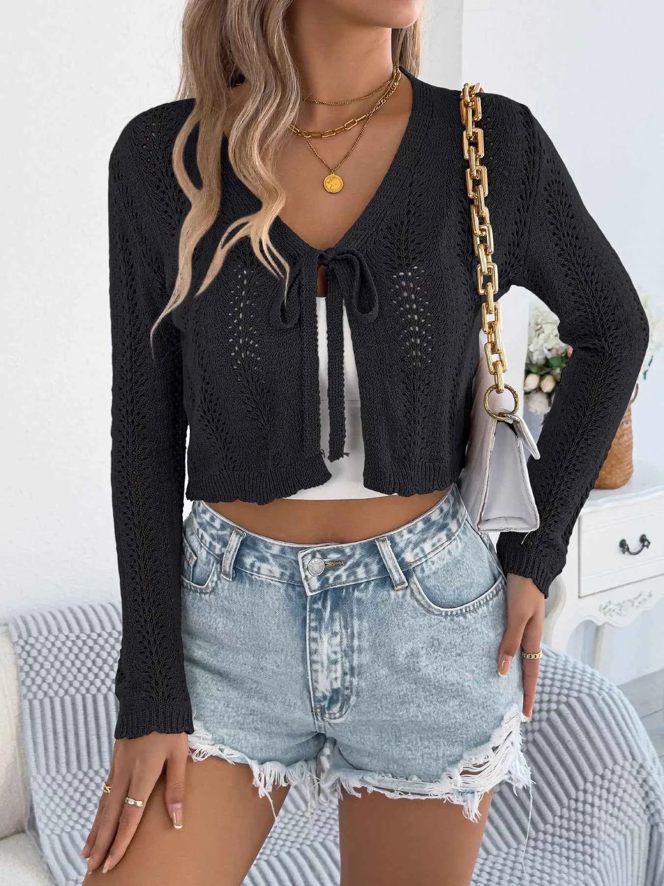 Openwork Tie Front Long Sleeve Cardigan fb661e733c1c47b6a864e451a36eade7-Max-Origin