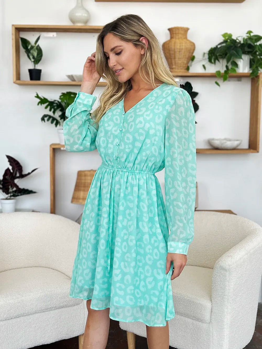 Double Take Full Size Printed Ruched V-Neck Long Sleeve Dress fb687dba-8d1d-4032-b15a-0e556b2309e6-Max