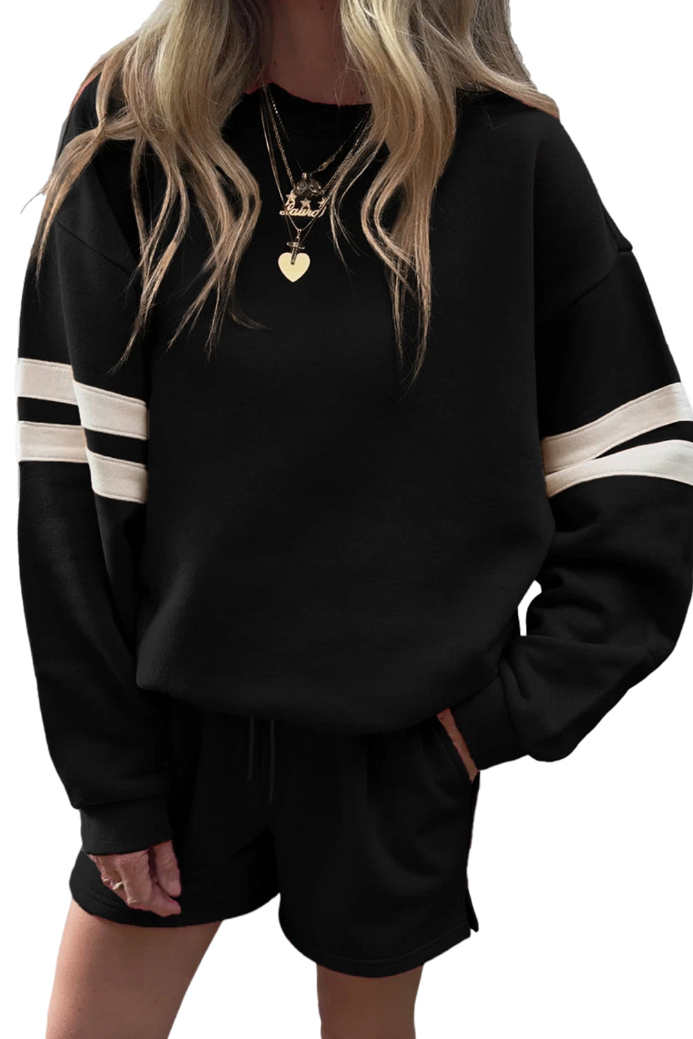 Orange Varsity Striped Sleeve Drop Shoulder Sweatshirt and Shorts Set Black 65%Polyester+35%Cotton fb689b00af0a0546