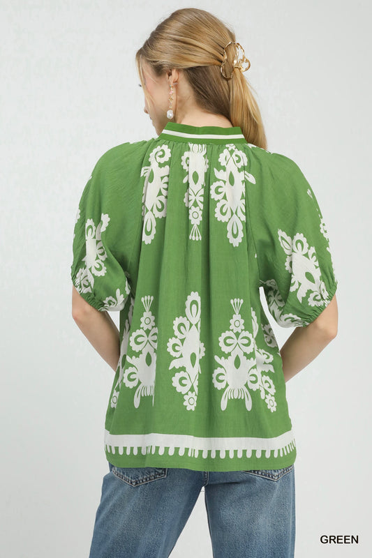 Boho Print Split-Neck Short Sleeve Top fb6a46df-ce1c-4c51-994a-21f64bbdc5b2-Max