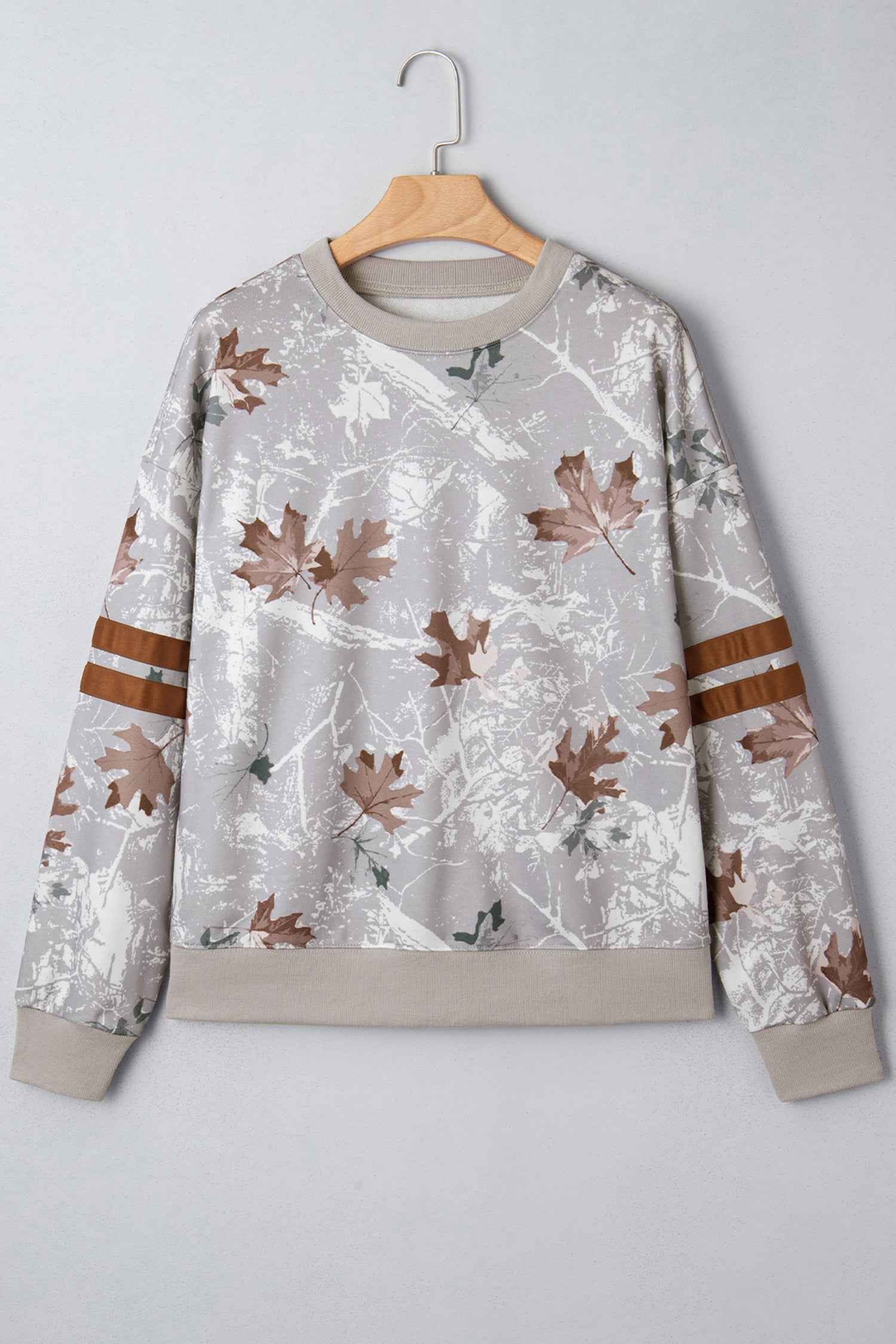 Gray Maple Leaf Camo Print Varsity Striped Sleeve Casual Sweatshirt fb6ab0f27d878d60