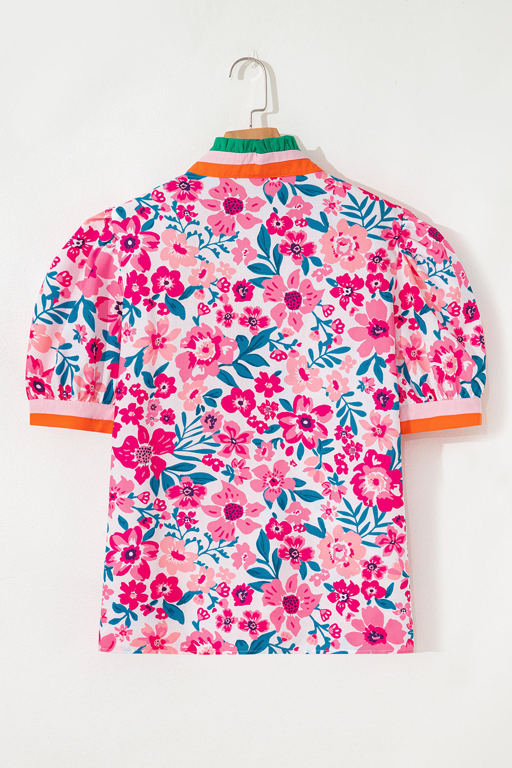 Pink Floral Print Striped Trim Puff Sleeve Blouse fb6b618c4f9374cd
