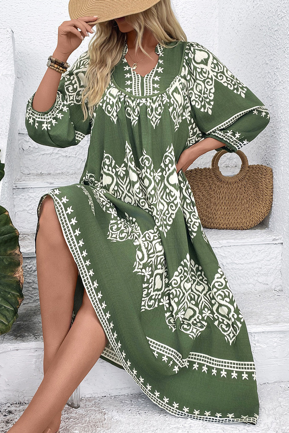 Green Abstract Geometric Print Long Sleeve Vacation Dress fb6cf3b1b9ed90a1