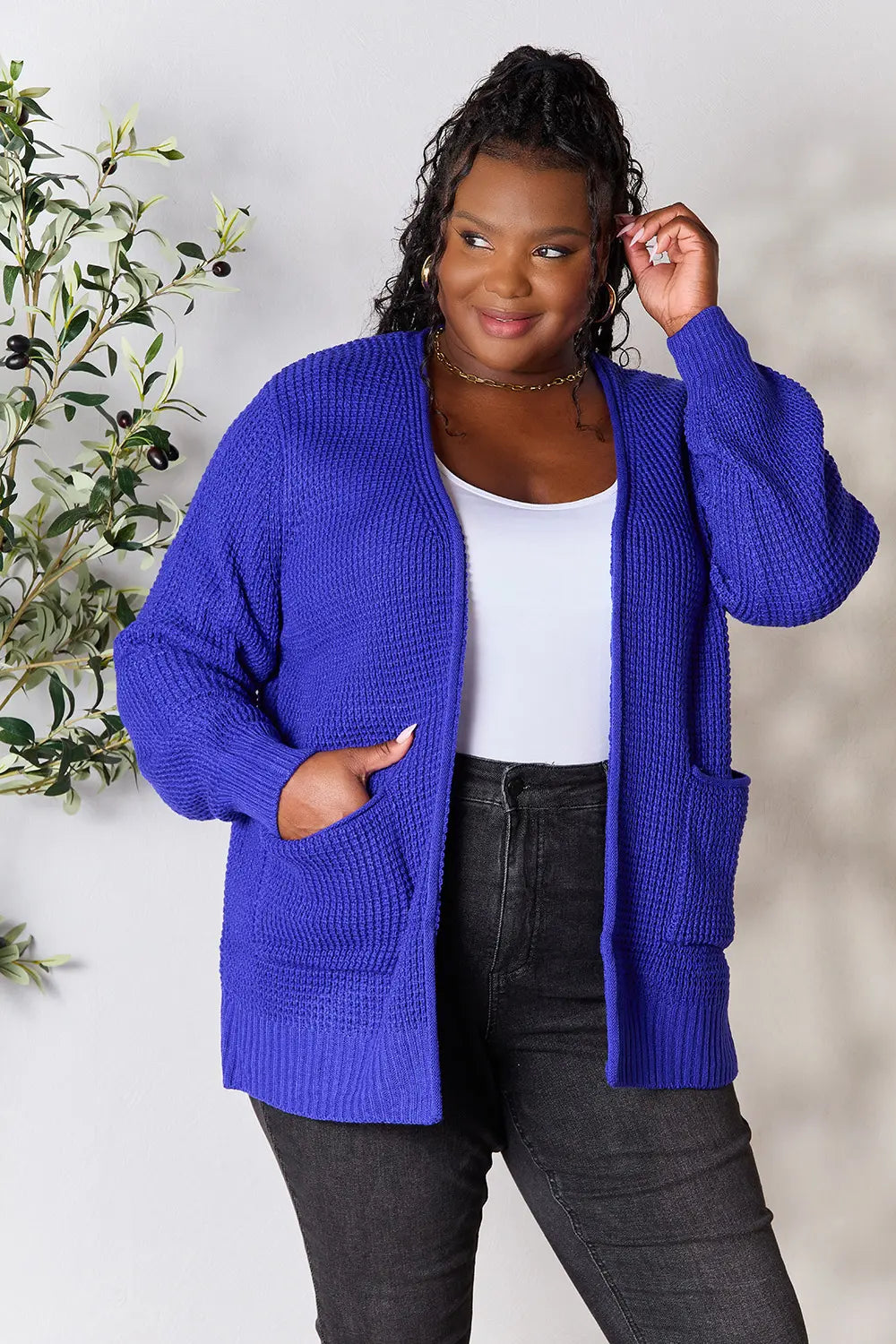 Zenana Full Size Waffle-Knit Open Front Cardigan fb6def1bedb347b6b0525766e347830b-Max