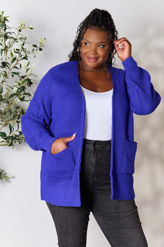 Full Size Waffle-Knit Open Front Cardigan fb6def1bedb347b6b0525766e347830b-Max
