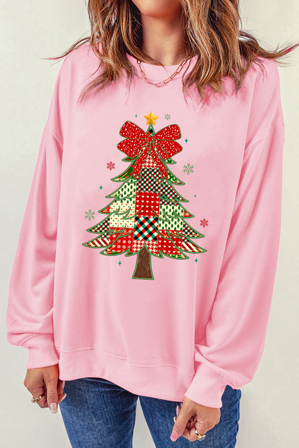 Pink Multi-pattern Checkered Christmas Tree Womens Drop Shoulder Sweatshirt fb6fc98cef055421