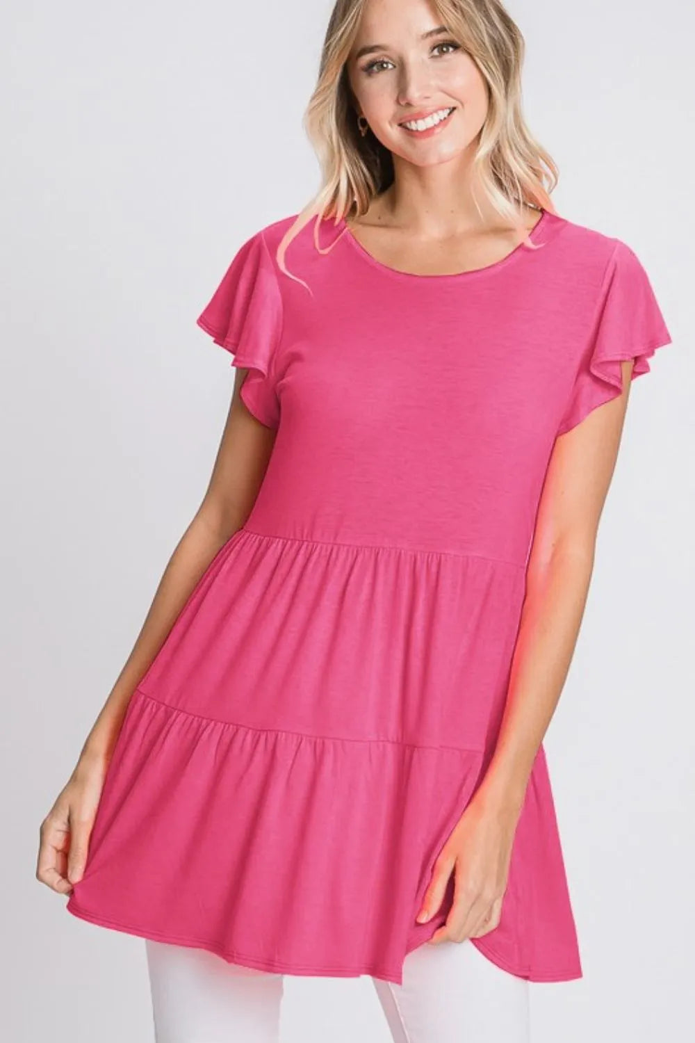Heimish Full Size Tiered Round Neck Ruffle Sleeve Top Plus Size Hot Pink fb70456c-a61d-4eb8-bdd3-097d00e59e1f-Max