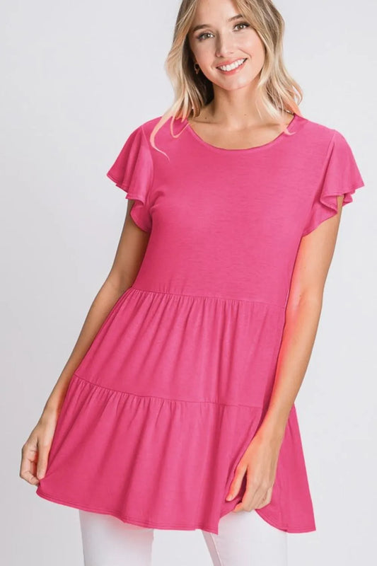 Heimish Full Size Tiered Round Neck Ruffle Sleeve Top Plus Size Hot Pink fb70456c-a61d-4eb8-bdd3-097d00e59e1f-Max
