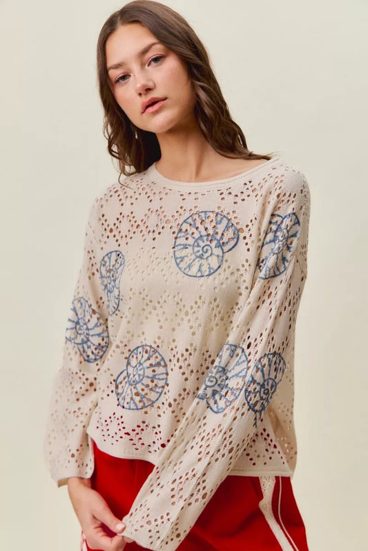 Seashell Openwork Lightweight Sweater - Slim Fit Knit Top fb759c0c-143f-4b30-91ac-fbbe8ed8e6f5-Max-Origin
