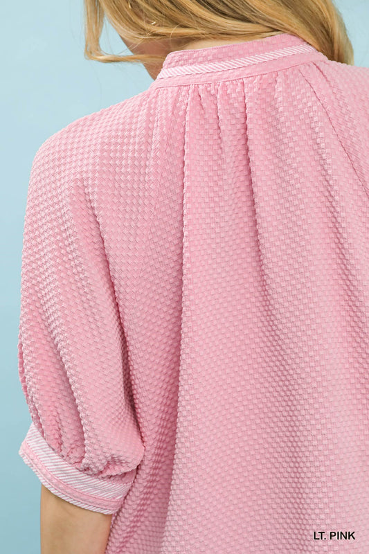 Textured Jacquard Contrast Trim Top fb79f4b5-4fe9-4453-9f9a-5f2af2be43ba-Max
