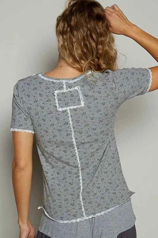 POL Lace Detail Floral V-Neck Button Detail Short Sleeve T-Shirt fb839195-c3d4-4511-8d4b-22c2c80e878b-Max