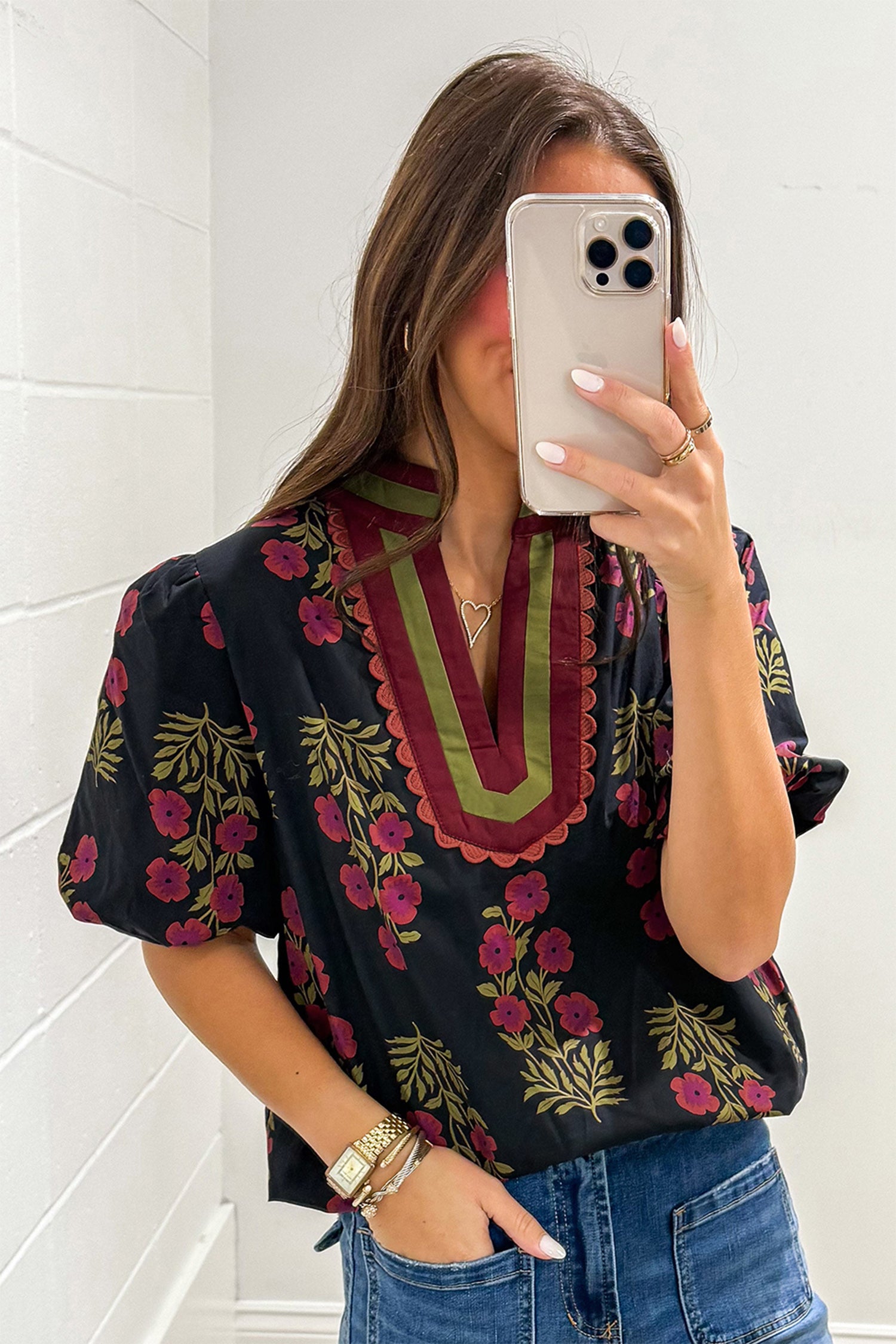 Black Floral Short Bubble Sleeve Contrast Slit Neckline Blouse fb8fbff5b70ad78e