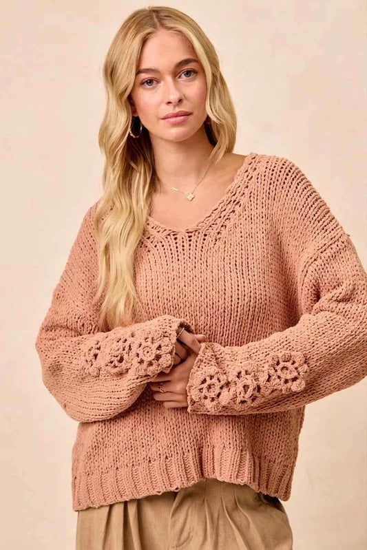 Chunky Knit Sweater with Flower Detail Sleeves fb966fcfa3c649abad83555136991168-Max-Origin