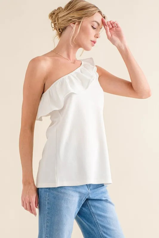 Ruffle One Shoulder Sleeveless Tank Top - Asymmetrical 100% Polyester fb99c7a2419a4355931de42a7585f5dd-Max-Origin