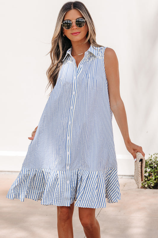 Sky Blue Stripe Shirt Collar Shirred Detail Ruffle Hem Sleeveless Dress fb9c81dbfa75faff