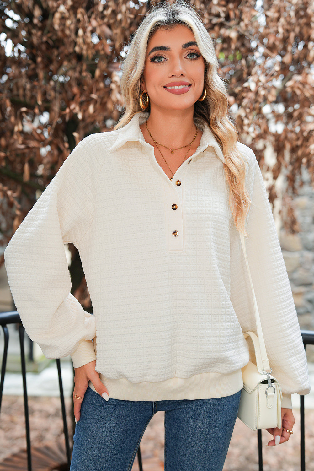 Beige Balloon Sleeve Casual Collared Button Sweatshirt fba2b963fb5c78b1