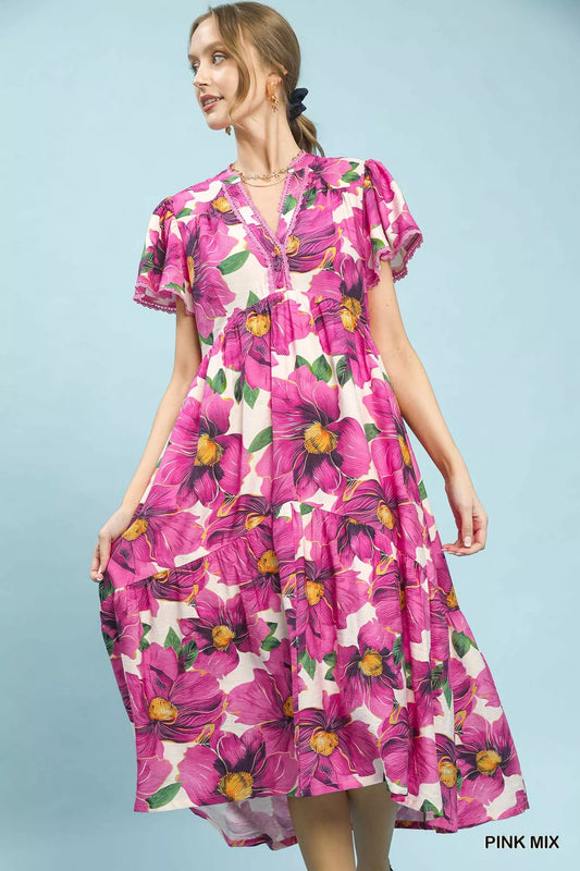 Tropical Floral V-Neck Flutter Sleeve Tiered Midi Dress PINK MIX fbaf2474-ab8b-41d7-af6b-f11ff78c9366-Max-Origin