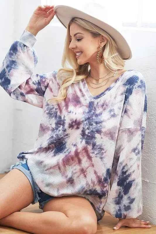BiBi Tie-Dye V-Neck Long Sleeve Waffle Top fbb08cd2ae2845529e9c175b38baeef3-Max-Origin