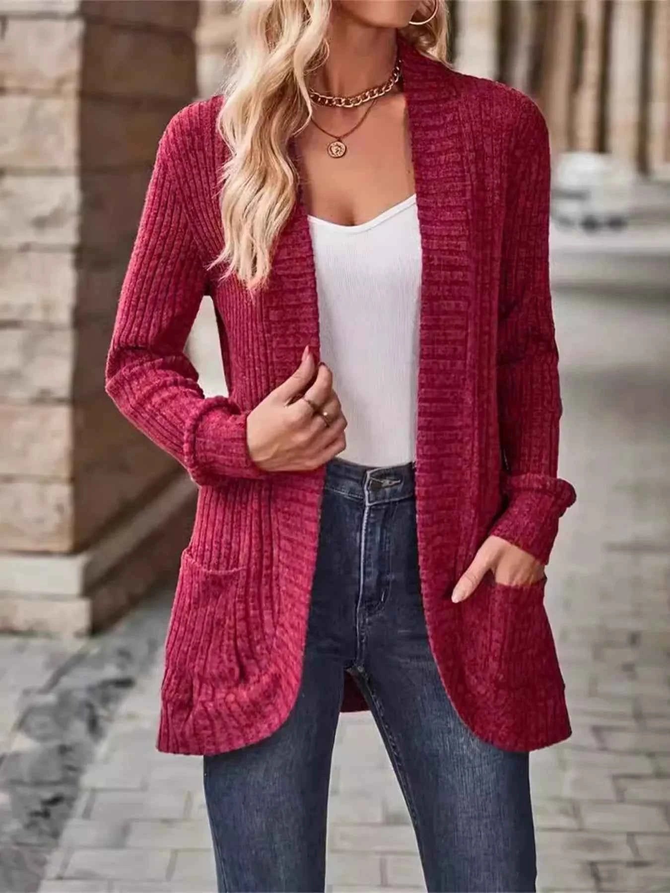 Ribbed Open Front Long Cardigan with Pockets