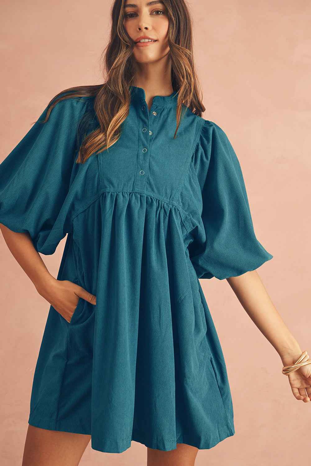 Gold Flame Light Snap Button Empire Waist Lantern Sleeve Corduroy Dress fbb67527c163c3ea
