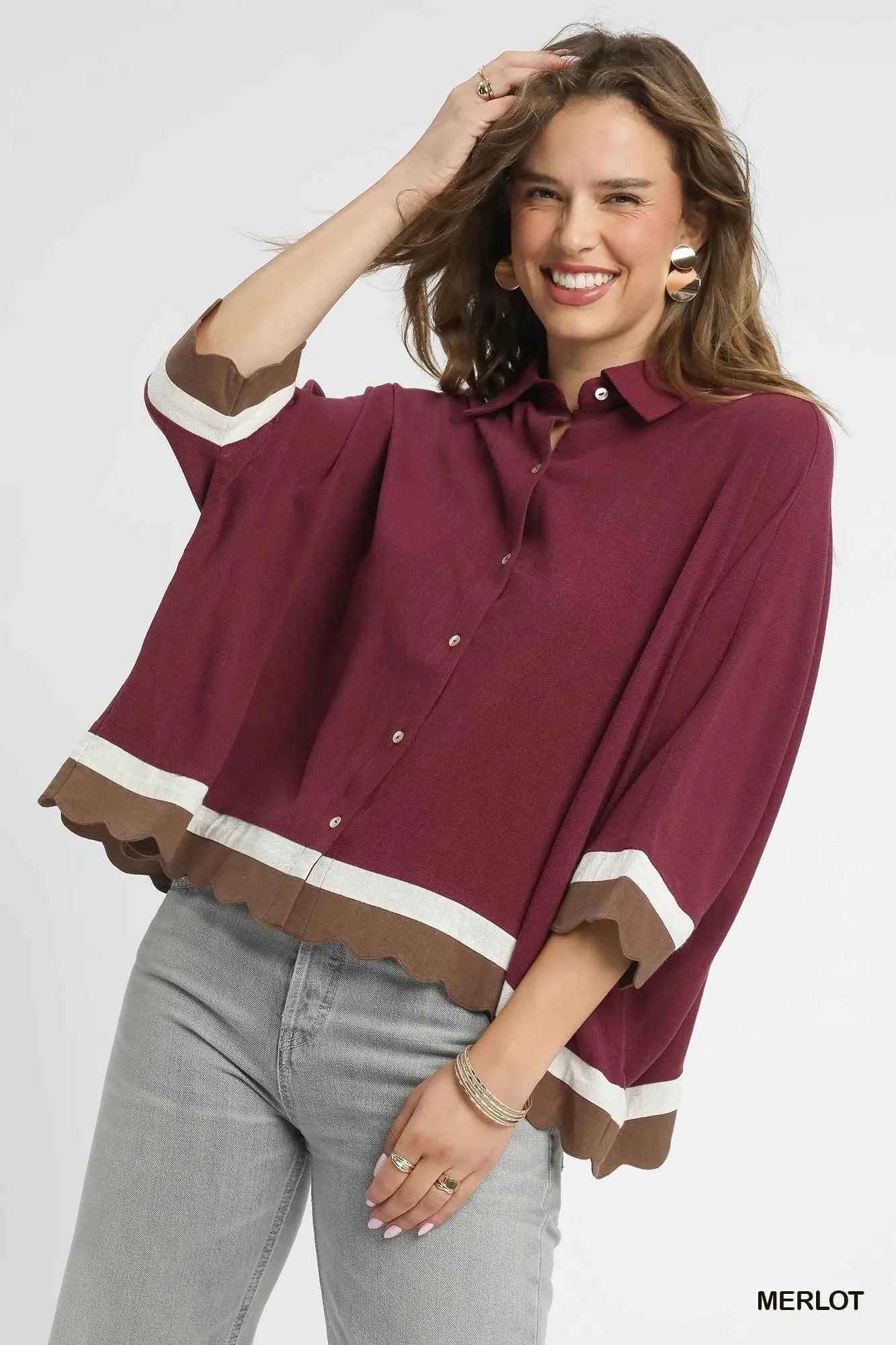 Umgee Colorblock Button-Down Shirt with Scallop Hem MERLOT fbb6a94c-aae9-4b7c-a7cd-a5497dd3c27a-Max-Origin