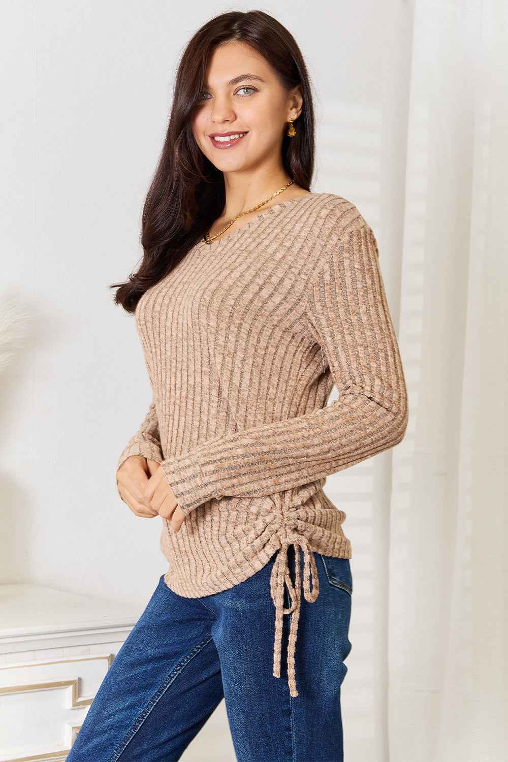 Double Take Drawstring Ribbed Long Sleeve T-Shirt fbb888ff0f2a4232904431b2e42fc084-Max
